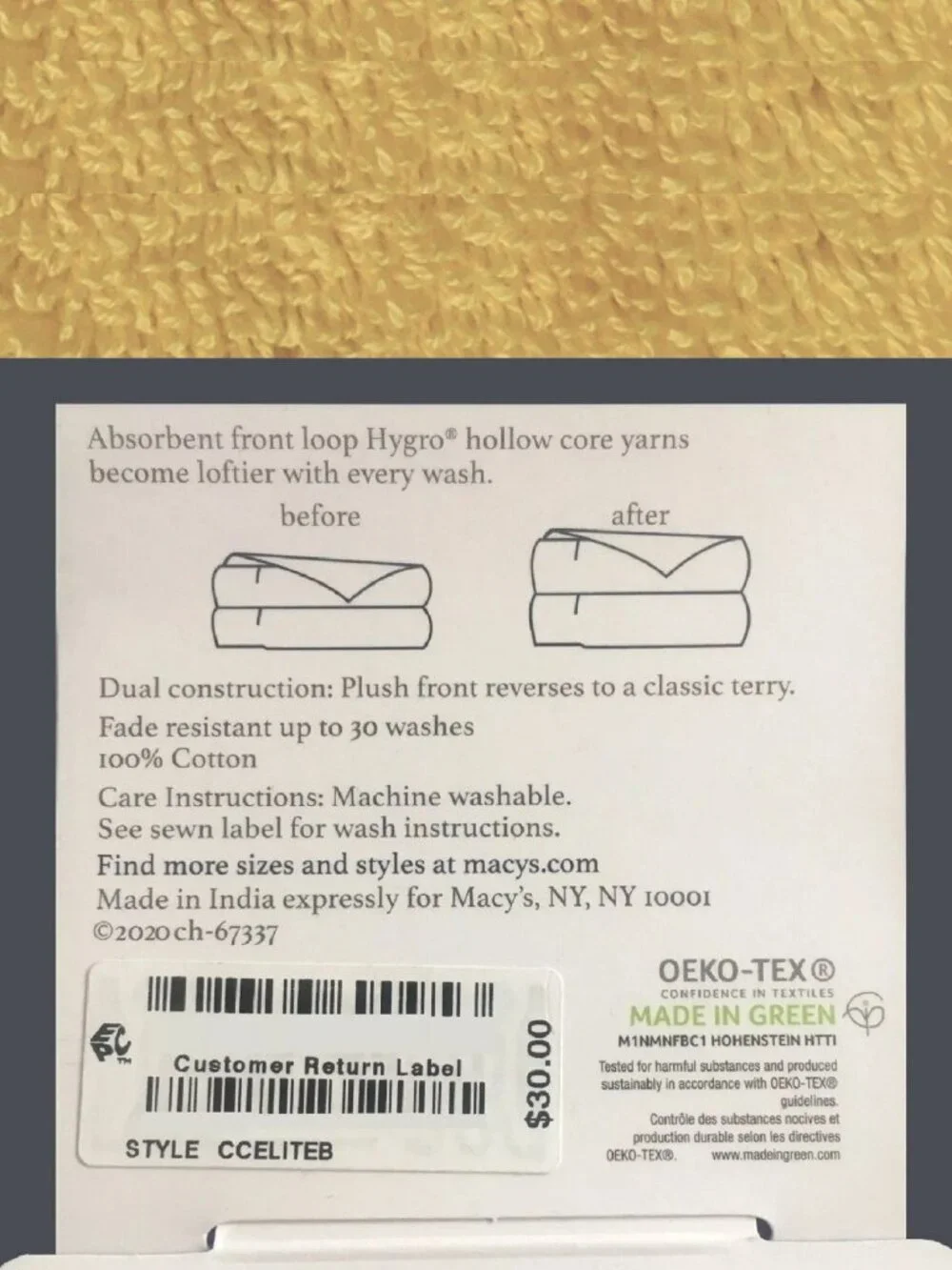 2 new LEMON CITRUS Charter Club Elite 100% Hygro Cotton 30x56 inch BATH TOWELS